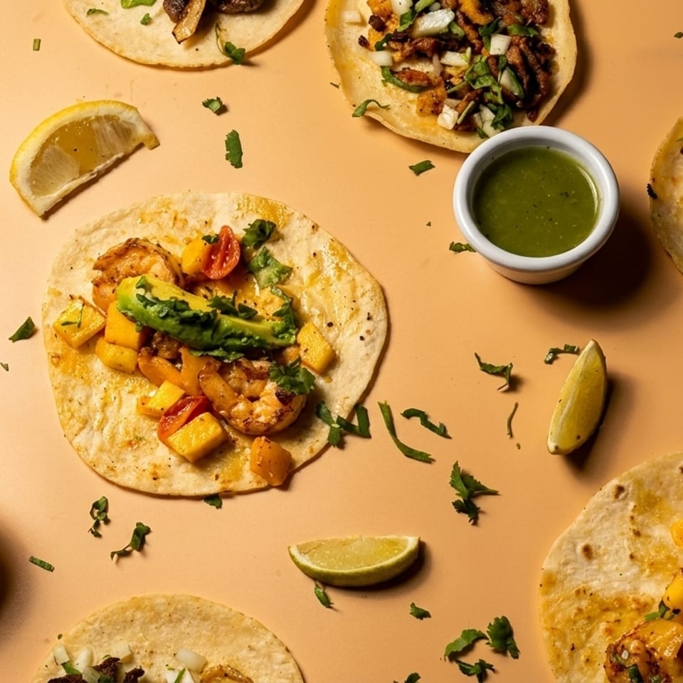 Assortment of tacos with various fillings, salsas, and lime wedges on a light orange surface.