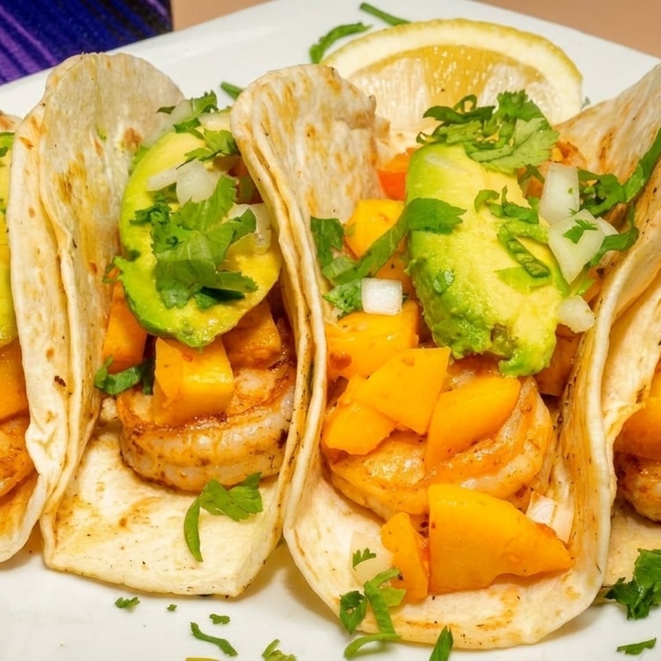 Four shrimp tacos with mango, avocado, and cilantro on a white plate with a lemon wedge.